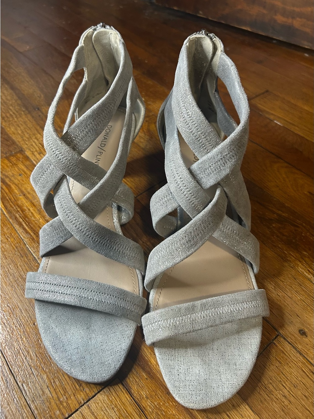 Donald Pliner Gray Shimmer Strappy Heels Size 9M Zip Back Sandals